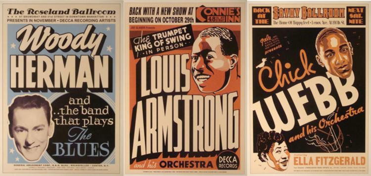 4 Jazz Posters Louis Armstrong Dorsey Webb Woody Herman: These 4 Jazz Posters are from the Golden Age of jazz, and feature some giant stars and memorable concerts. * Medium: Print on heavy poster stock Size: 17" x 24" Publisher: Jazz Age Editions Condi