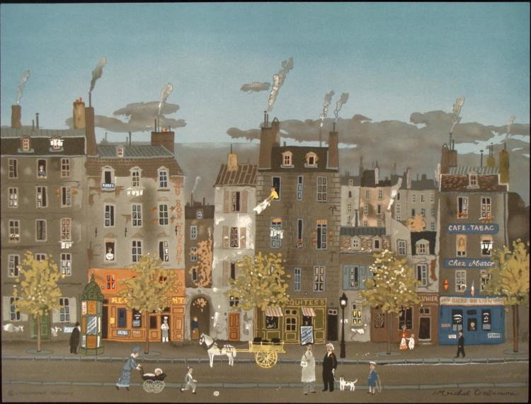 Michel Delacroix Original Art Print L'Homme Sandwich: This original Delacroix print shows a quaint street scene with a man holding a sandwich. * * Artist: Michel DelacroixSignature: In the plateTitle: L'Homme SandwichEdition: Open; plates destroyed, out 