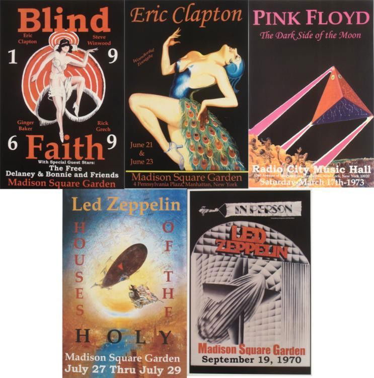 5 Concert Posters Eric Clapton Led Zeppelin Pink Floyd: Here are 5 reproductions of original concert posters from some true rock legends. * Size: 12" x 18" Medium: Heavy Poster Stock Condition: Excellent The artists include: Eric Clapton (Madison Square Ga