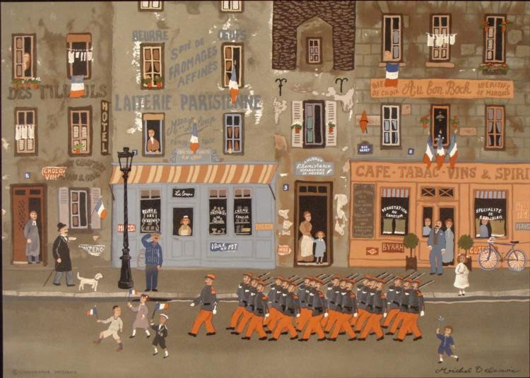 Michel Delacroix Orig Art Print Defile du 14 Juillet: This original Delacroix print portrays a military parade of July 14th, capturing the patriotism of the French national holiday. * * Artist: Michel DelacroixSignature: In the plateTitle: Defile du 14 J