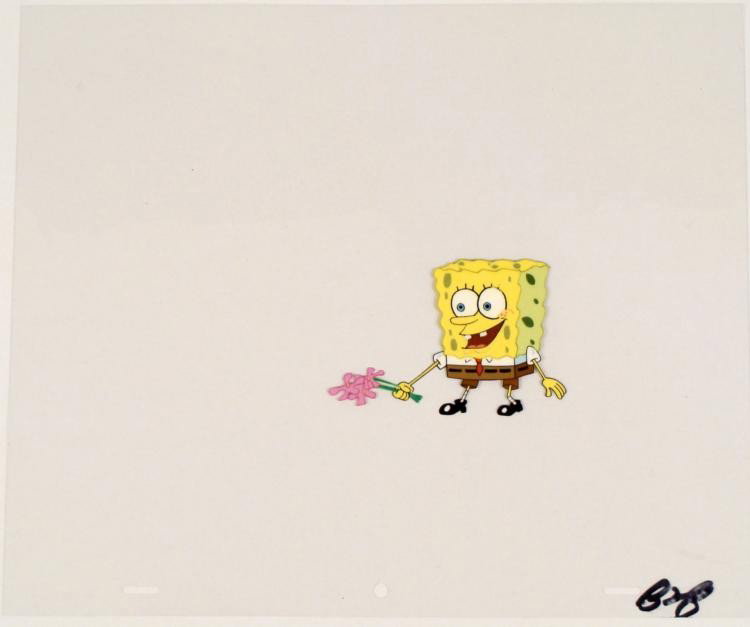 Flowery Sponge Original SpongeBob Animation Cel Art: This original animation cel is from the Nickelodeon TV show SpongeBob Squarepants. The story takes place under the deep blue sea in Bikini Bottom, where SpongeBob resides. Sp