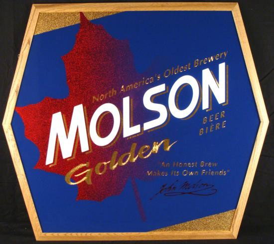 Molson Golden Beer Friends Mirror Advertising Sign HUGE: This Moslon reflective sign reminds us of what it's all about: "An honest brew makes it's own friends." Those words from Mr. Molson himself are on the front, along with metallic red and gold, and deep