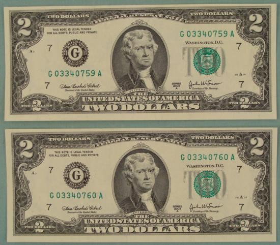 2 Consec # CU 2003 A $2 Bills Notes G Mint Chicago: (2) 2003-A $2 bills * * Serial numbers: Consecutive (may be different from exact number shown) * Mint mark: G (Chicago) * Grade: Crisp Uncirculated