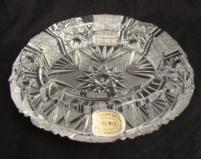 Bohemia Cut Glass Lead Crystal Vintage Ash Tray Dish: This ash tray is vintage hand cut lead crystal made in Czechoslovakia. The pattern is full of detail, with stars inside, scalloped edge around the rim, and cross hatch designs on the lower part of the