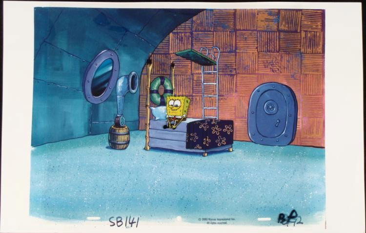 Background Bed Time Cel Spongebob Original Animation: This animation cel and reproduction background are from the Nickelodeon TV show SpongeBob Squarepants, from the episode titled "Sleepy Time". The story takes place under the deep blue sea in Bikini Bo
