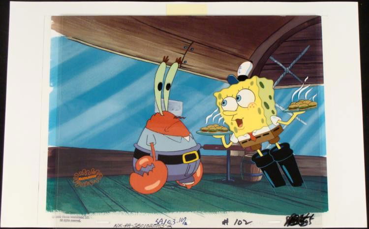 Animation Cel Original Hot Patties Spongebob Background: This animation cel and reproduction background are from the Nickelodeon TV show SpongeBob Squarepants, from the episode titled "Squeaky Boots". The story takes place under the deep blue sea in Bikini
