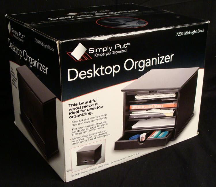 Destop Organizer Matte Black Wood Desk Storage MIB: This stylish wood piece is ideal for desktop organizing. It features four full size shelves, felt lined drawer, and a sliding door that closes it all together to create a neat workspace. It is matte m