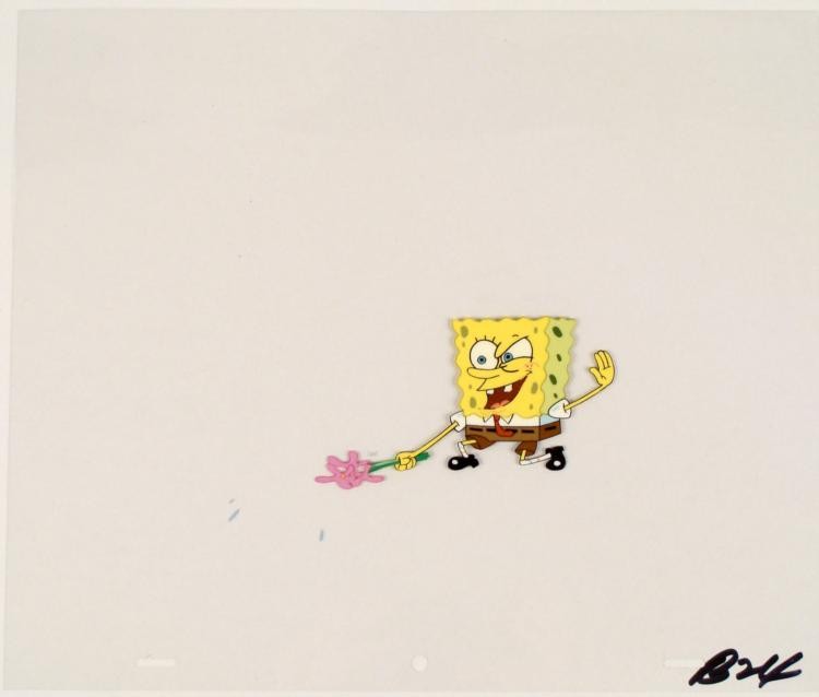 Hitting Flowers Original SpongeBob Cel Art Animation: This original animation cel is from the Nickelodeon TV show SpongeBob Squarepants. The story takes place under the deep blue sea in Bikini Bottom, where SpongeBob resides. Sp