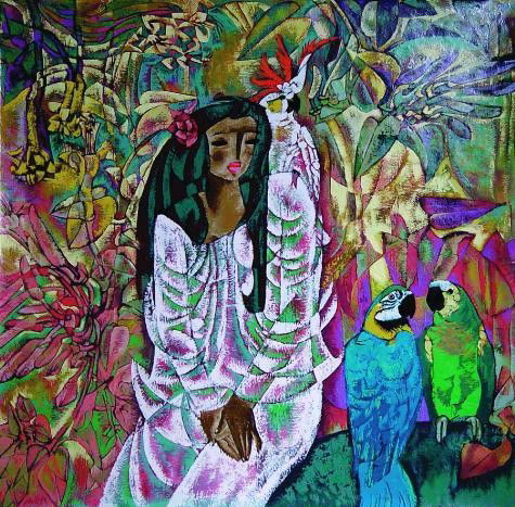 Zhou Ling QUIET MOMENT Serene Yunnan School Art Print: This serenely beautiful print is by the well-known and avidly collected Yunnan School artist Zhou Ling: Title: "Quiet Moment" Limited edition serigraph on paper Signed and numbered from an edition of