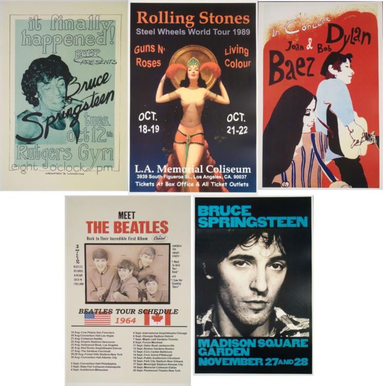 5 Rock Concert Posters Springsteen Beatles Stones Dylan: 5 Rock Concert Posters 12" x 18" Beatles Stones Dylan Bruce * Condition: ExcellentSize: 12" x 18"Posters: Rolling Stones: Steel Wheels World Tour 1989 (L.A. Memorial Coliseum)The Beatles: Tour 1964 (R