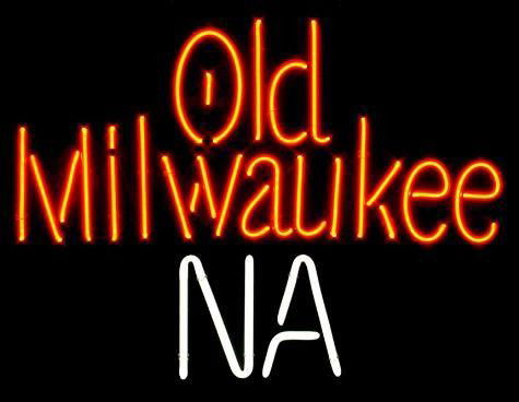 Old Milwaukee NA 2 Color Neon Beer Bar Sign 1996: Old Milwaukee NA was rated "Best Non-Alcohol Beverage" at the 2001 Great American Beer Festival, and this neon sign rates right up there as well. The traditional Old Milwaukee logo is in true red neon