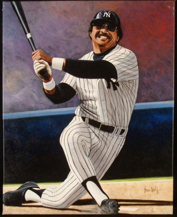 Leon Wolf Original Signed Painting Reggie Jackson NY: Here is an original painting of Yankee Hall of Famer Reggie Jackson. He is portrayed with a big grin, just as he's hit a winner. * * Artist: Leon WolfSignature: Signed by the artist in paint, lower ri