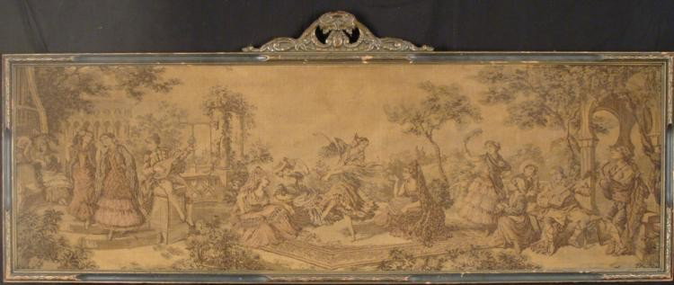 Antique Tapestry Classical Romantic Scene Framed 1900: This antique tapestry portrays an outdoor scene from a Classical, Romantic period. Musicians strum ukeleles, and ladies dance, making for a festive atmosphere. Medium: Woven tapestryEra: Circa 1900 or