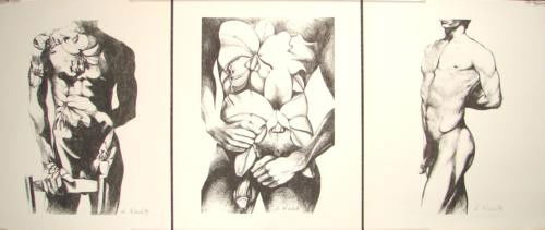 Suite of 3 Male Nude Art Prints Lowell Nesbitt Gay: Offered here is a suite of three signed limited edition prints by well-known contemporary gay artist Lowell Nesbitt (United States, 1933 - 1993). Generally better known for his larger-than-life painti