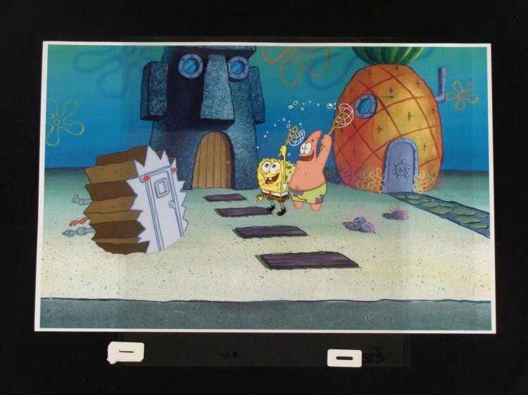 Cel Little Higher Production Spongebob Original Art: This animation cel and reproduction background are from the Nickelodeon TV show SpongeBob Squarepants. The story takes place under the deep blue sea in Bikini Bottom, where SpongeBob resides. SpongeBo