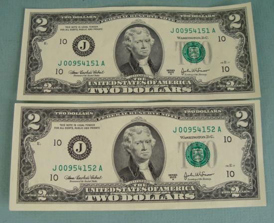 2 Consec # CU 2003 A $2 Bills Notes J Mint Kansas City: (2) 2003-A $2 bills * * Serial numbers: Consecutive * Mint mark: J (Kansas City) * Grade: Crisp Uncirculated * *Note: Bills will have different serial numbers than those pictured
