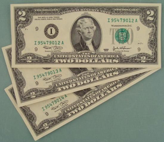 (3) CU Consec # 2003 $2 Bills Notes I Mint Minneapolis: (3) 2003 $2 bills * * Serial numbers: Consecutive * Mint mark: I (Minneapolis) * *Note: Bills may have different serial numbers than those pictured