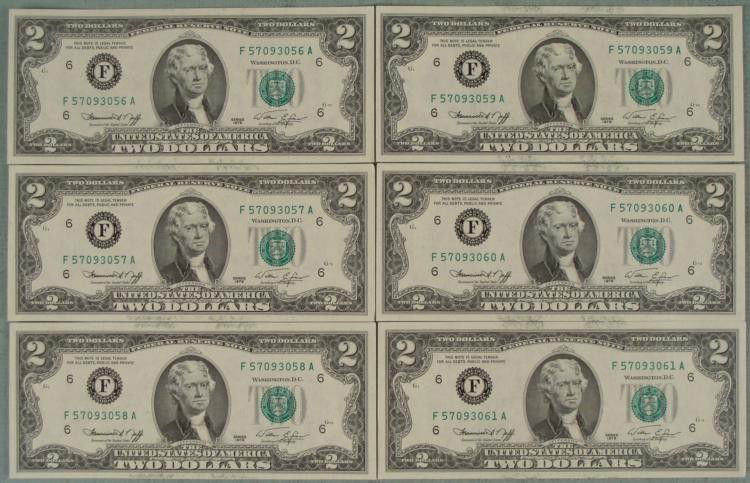 6 Crisp UNC 1976 Consec # $2 Bills F Mint Atlanta: (6) 1976 $2 Two Dollar Notes with consecutive serial numbersMint mark: F (Atlanta)Condition: Crisp Uncirculated; some ink smears