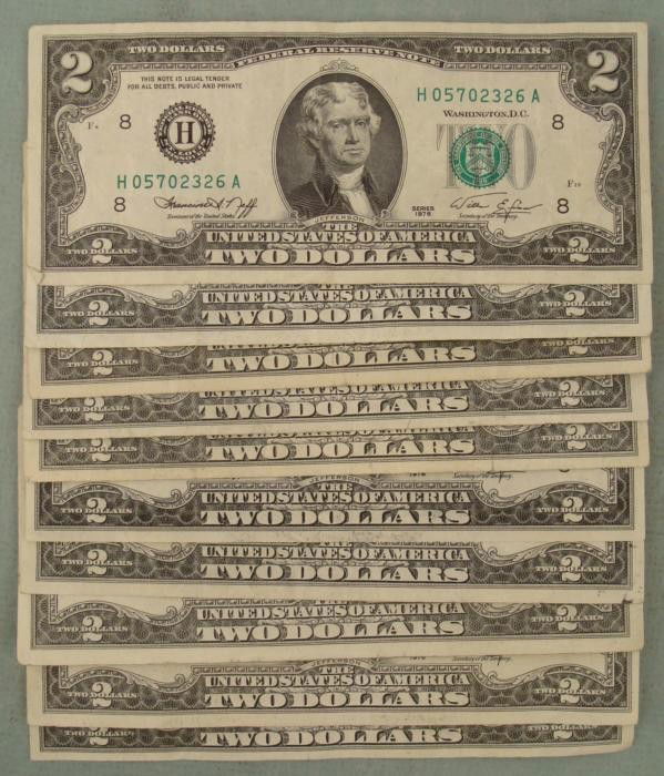 (10) 1976 $2 Notes H Mint St Louis- All Nice, Some UNC: (10) 1976 $2 Bills * Mint mark: H (St Louis) Condition details: All nice bills, some Uncirculated * * *Bills pictured may be different from those you will receive