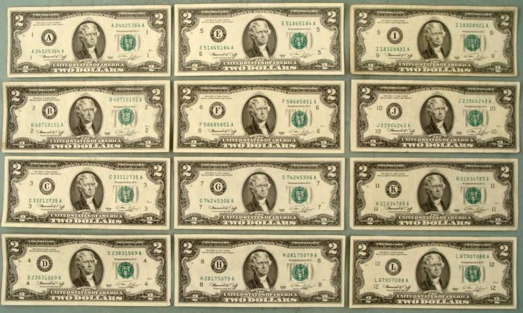 Full Set 12 All Mints A-L 1976 $2 Bills Notes XF-UNC: Full set with All 12 Mint Marks of the 1976 $2 bill * Condition: XF-Uncirculated Mint marks: A, B, C, D, E, F, G, H, I, J, K, L *