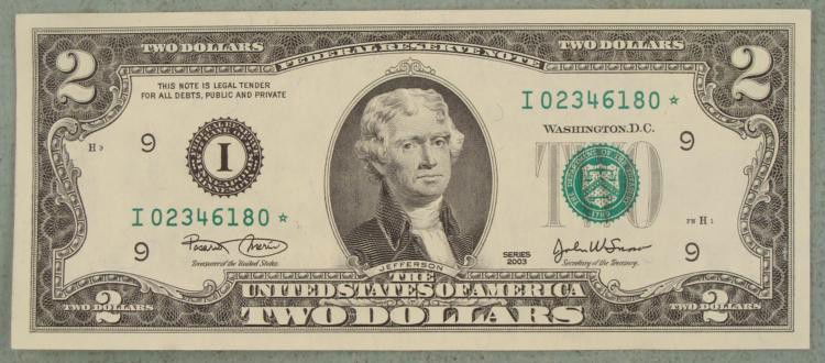 UNC Star Note 2003 $2 Bill, I Mint Minneapolis: Star Note $2 Two Dollar Bill * Mint mark: I (Minneapolis)Condition: Uncirculated