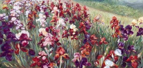 Marysia Burr RED IRISES Deluxe Canvas Floral Art Print: This inviting signed and numbered limited edition floral print on canvas is by Marysia Burr, an acclaimed and avidly collected artist. An enchanting addition to any collection or décor! * Title