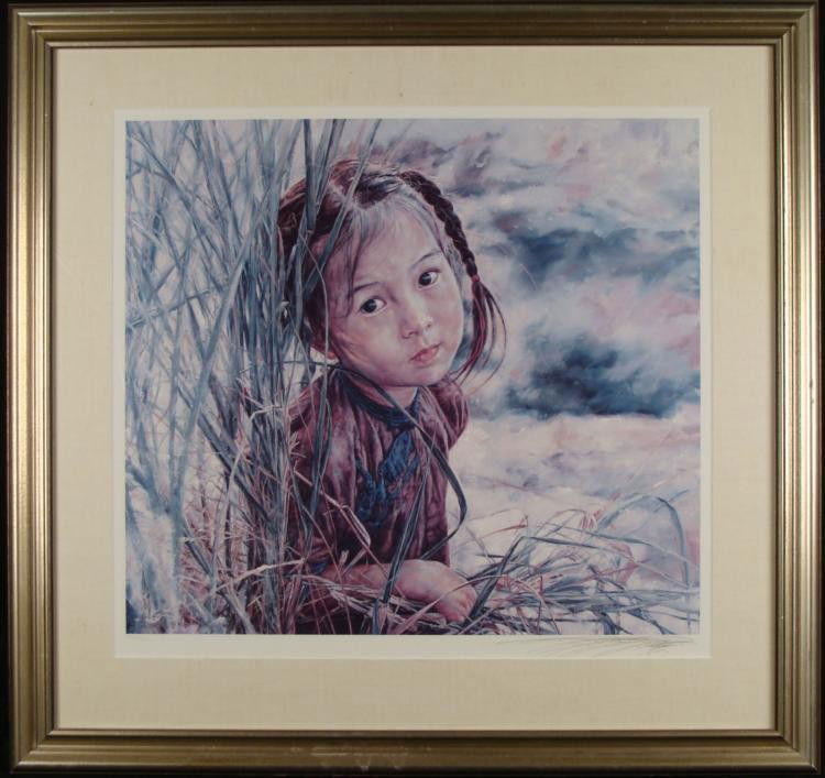 Wai Ming Signed Chinese Art Print Young Girl Framed: The wide-eyed, innocent eyes of a child are catpured in a natural outdoor setting. This is a charming Asian American portrait. * Artist: Wai MingSignature: In pencil, lower rightDate: 1983Medium: Prin