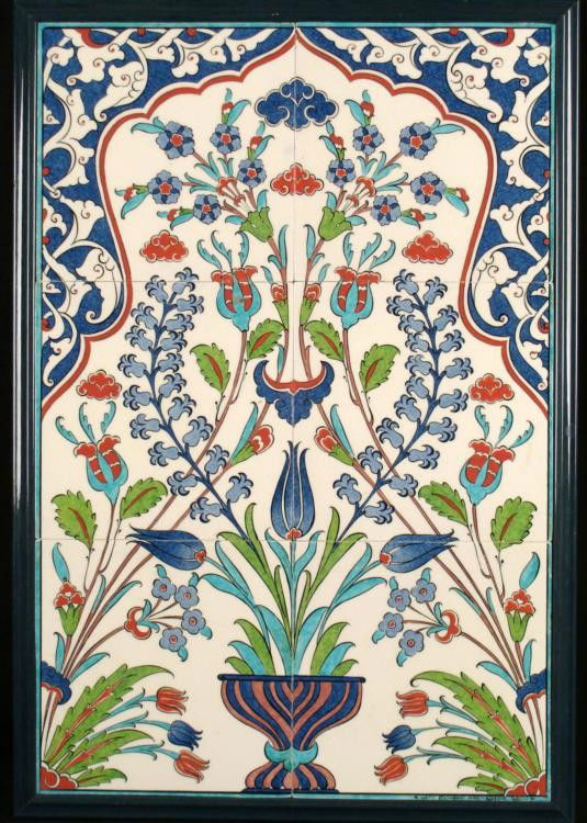 Alti Gini Signed Hand-Made Tile Art Kutahya Turkine Frm: Marked: "ALTI GINI - HANDMADE - KUTAHYA TURKINE"Medium: Painted ceramic tilesImage size: inchesFraming: In 5 layer matting in dark blue/green glazed frameFrame size: 17 1/4 x 25 1/4 inches Condition: