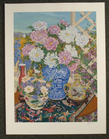 Signed Impressionist Art Print JOHN POWELL Peonies Ltd: This opulent, hand-signed limited edition fine art print is by well-known contemporary Impressionist artist, John Powell. With this full-color serigraph, Powell evokes the tradition of French Impressi