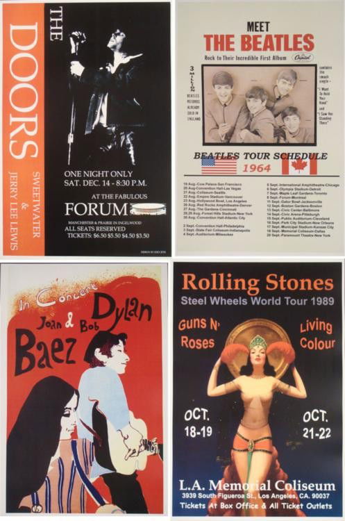 4 Rock Concert Posters 12" x 18" Beatles Stones Doors: 4 Rock Concert Posters 12" x 18" Beatles Stones Dylan Bruce * Condition: Excellent Size: 12" x 18" Posters: The Beatles: Tour 1964 (Rock to Their Incredible First Album) Bob Dylan & Joan Baez