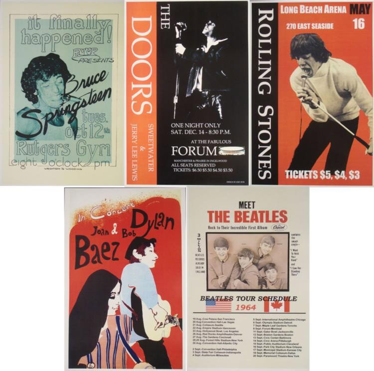 5 Rock Concert Posters Dylan Beatles Stones Doors: 5 Rock Concert Posters 12" x 18" Beatles Stones Dylan Bruce * Condition: Excellent Size: 12" x 18" Posters: Rolling Stones (Long Beach Arena, May 16th) The Doors (Forum, Dec 14th) Bruce Springsteen (R