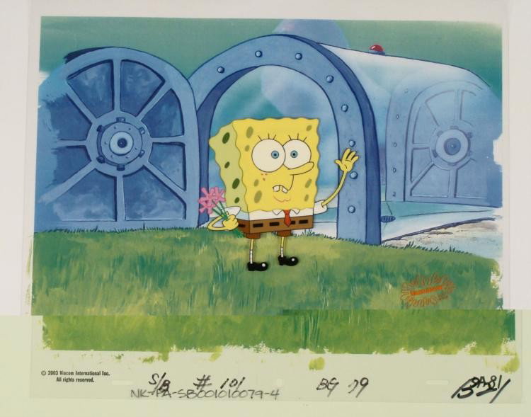 Background Bye Bye Spongebob Animation Original Cel: This animation cel and reproduction background are from the Nickelodeon TV show SpongeBob Squarepants. The story takes place under the deep blue sea in Bikini Bottom, where SpongeBob resides. SpongeBo