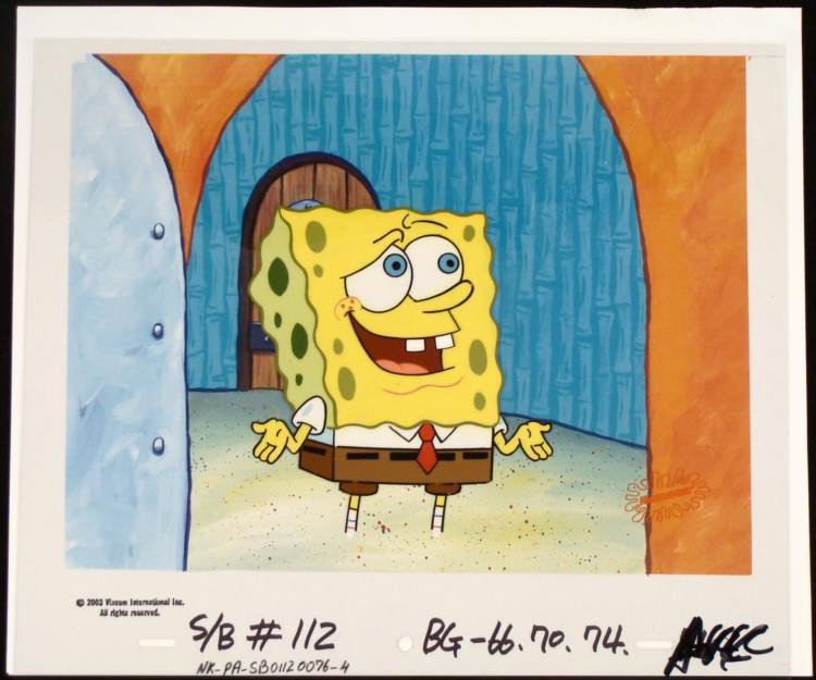 Clueless Cel Original Animation Spongebeo Background: This animation cel and reproduction background are from the Nickelodeon TV show SpongeBob Squarepants, from the episode titled "Opposite Day". The story takes place under the deep blue sea in Bikini B