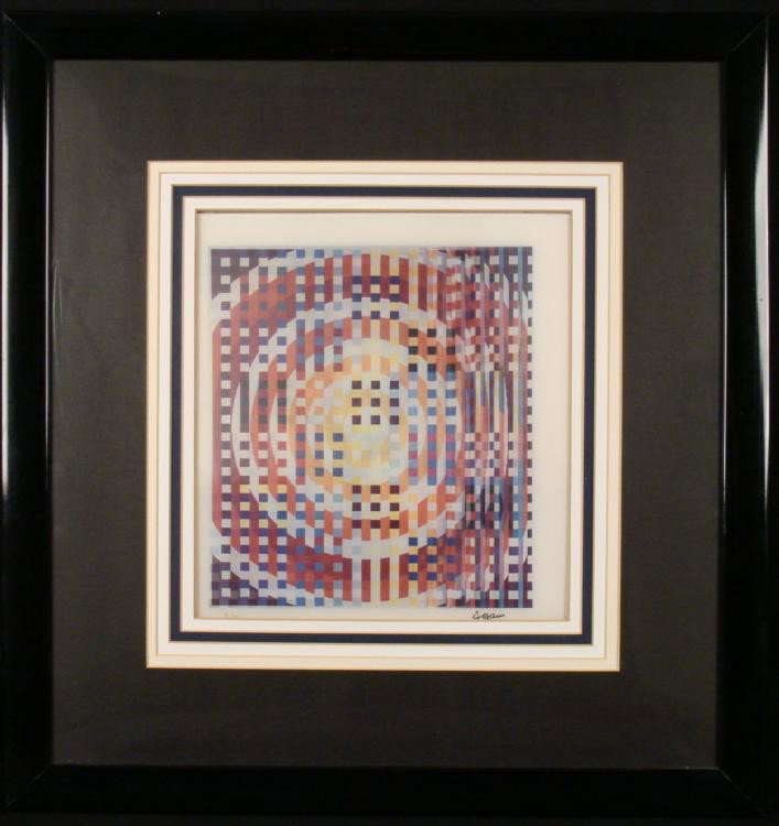 Yaacov Agam Signed Ltd Ed Agamograph OP Art Print Frmd: Artist: Yaacov AgamSignature: In ink, lower rightEdition: Limited 96/99Medium: Original color AgamographImage size: 10 1/2 x 11 1/2 inchesFraming: In 5 layer matting in black and white, in black lamin