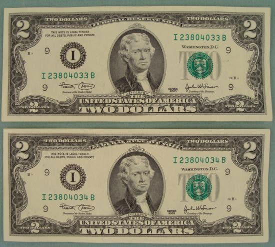 2 Consec # CU 2003 $2 Bills Notes I Mint Minneapolis: (2) 2003 $2 bills * * Serial numbers: Consecutive * Mint mark: I (Minneapolis) * Grade: Crisp Uncirculated * * *Note: Bills will have different serial numbers than those pictured