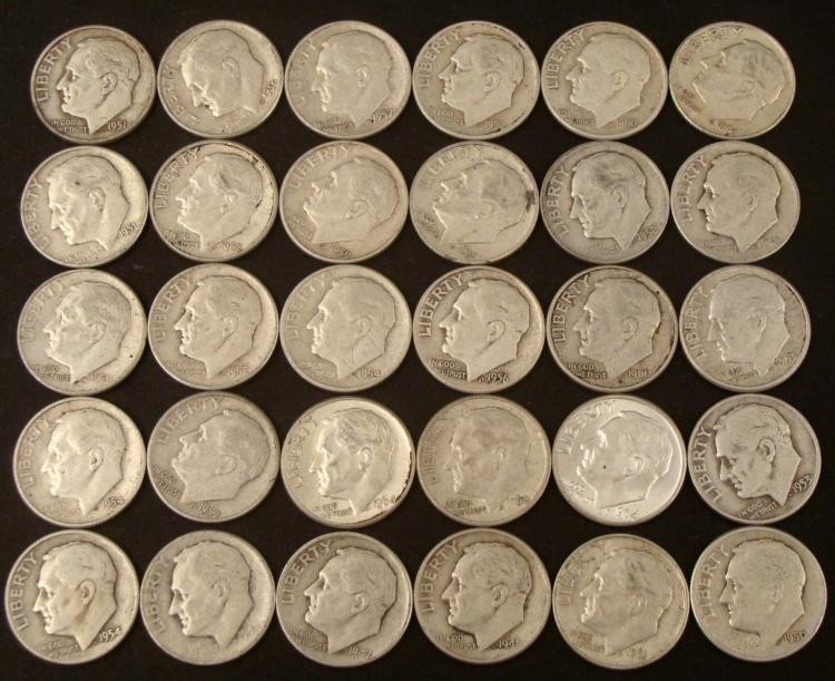 30 Diff Date Roosevelt Silver Dimes 1946-64 -Nice Set: 30 Different Date Roosevelt Silver Dimes * Details: Nice setDates: 1946-P, 1947-P, 1948-P, D, 1950-D, 1951-P, D, 1952-P, D, S, 1953-D, 1954-P, D, S, 1956-P, D, 1957-P, D, 1958-D, 1959-P, D, 1960-P, D,