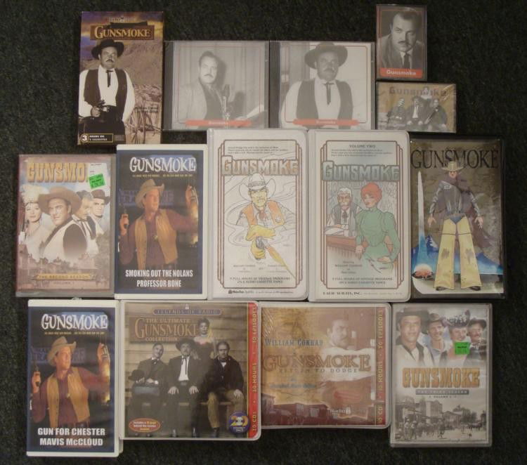 14 item Gunsmoke Collection DVDs VHS Cassette Tapes CDs: 14 item Gunsmoke Collection DVDs VHS Cassette Tapes CDs * Some of the items are new in packaging and the other items are used The items included are: Cassettes: Gunsmoke (The Old Lady) (Cavalcad