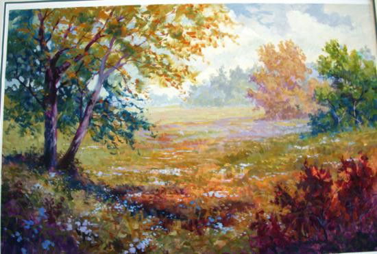 Golden Meadow Orignal acrylic by Michael Schofield: A spectacular Landscape by the well known artist Michael Schofield.An Acrylic painting on paper especially for paintings.36 x 27.5 Surely to be the centerpiece of any room.