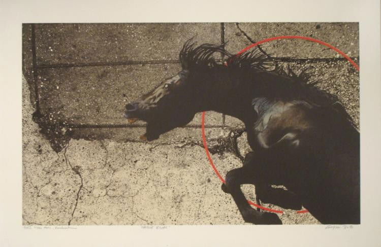 Michael Knigin Signed Horse Art Print -Native Rival: Here is a stunning scene of dark beauty and power- a wild stallion done in stark realism, with a vibrant red line running through. The artist passed away in early 2011, and this print is special becau