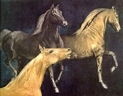 Mustangs by GH Rothe-Original Mezzotint: original mezzotints of G. H. Rothe. 1935-2007. Born as the daughter of a master goldsmith, G.H. Rothe grew up at WiedenbrÃ¼ck a small town in the heart of Germany. Her first training was