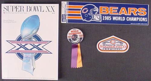 Bears SUPER BOWL XX BONANZA Program Pinback + MORE: Here's a Bears' Super Bowl XX BONANZA! Super Bowl XX program; cover shows minor signs of shelf storage; inside fresh, unread New old stock BEARS 1985 WORLD CHAMPIONS bumper sticker 2¼ inch pinbac