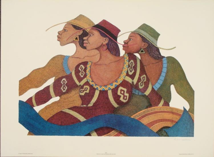 Albert Fennell : Sashe African Art Print: This African art print has traditional costume and a modern style. Artist: Albert Fennell Title: Sashe Image Size: '17 1/2 x 25 inches. Paper Size: 22 1/2 x 30 1/2 inches. Notes: Signed lithograph