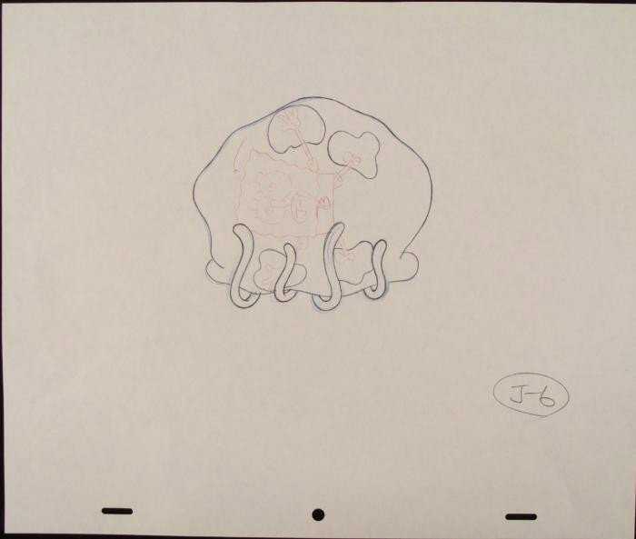 Drawing Spongebob Original Stuck Production Art: This original animation art pencil drawing was done for SpongeBob Squarepants. The notations are on Spongebob and at the bottom. In this drawing, SpongeBob appears to be stuck inside 