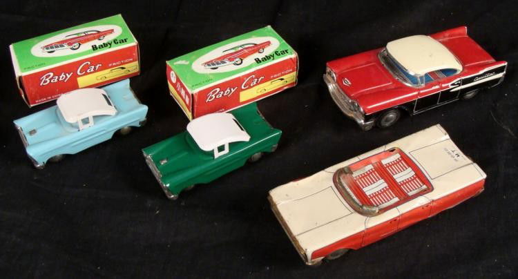 4 Vintage Japanese Tin Friction Cars Japan, China Box: These are all vintage friction cars, replicating some American models from the 1950's and 60's. They range from Mint condition in the boxes to good condition, with some dents and missing top. They ran