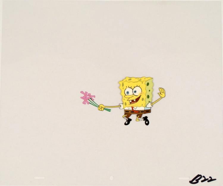 Slapping Flowers SpongeBob Original Animation Art Cel: This original animation cel is from the Nickelodeon TV show SpongeBob Squarepants. The story takes place under the deep blue sea in Bikini Bottom, where SpongeBob resides. Sp