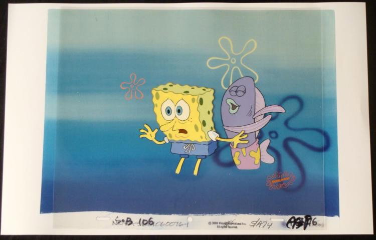 At Beach Original Animation SpongeBob Cel Background: This animation cel and reproduction background are from the Nickelodeon TV show SpongeBob Squarepants. The story takes place under the deep blue sea in Bikini Bottom, where Sponge