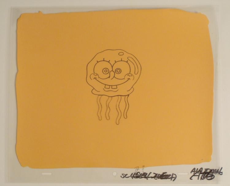 Jellyfish SpongeBob Original Cel Production Art Orange: This original animation cel is from the Nickelodeon TV show SpongeBob Squarepants. The story takes place under the deep blue sea in Bikini Bottom, where SpongeBob resides. Sp