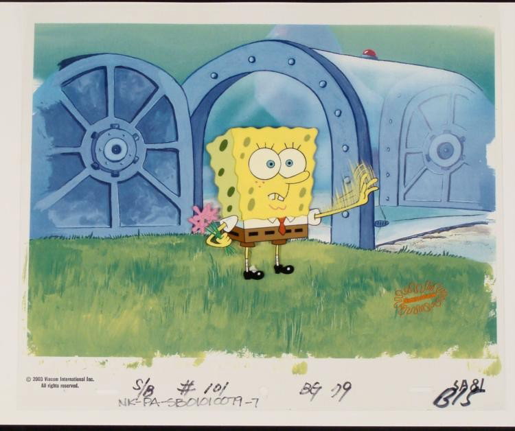 Spongebob Wait Wait Original Cel Animation Background: This animation cel and reproduction background are from the Nickelodeon TV show SpongeBob Squarepants. The story takes place under the deep blue sea in Bikini Bottom, where SpongeBob resides. SpongeBo