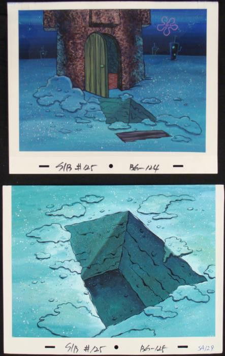 2 SpongeBob Orig Backgrounds Animation Squidwards Grave: These are 2 original hand-painted backgrounds from the Nickelodeon television show SpongeBob Squarepants. The story takes place under the deep blue sea in Bikini Bottom, wher