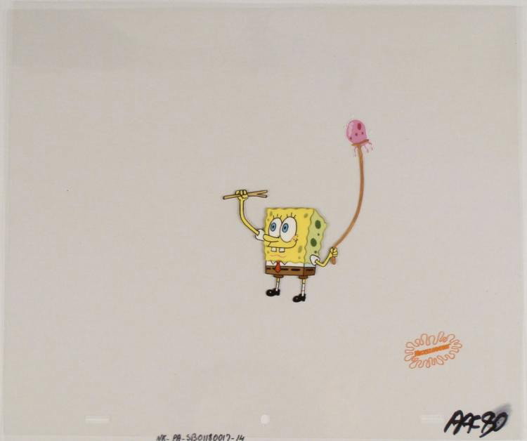 Original SpongeBob Animation Cel Walking the Jellyfish: This original animation cel is from the Nickelodeon TV show SpongeBob Squarepants. The story takes place under the deep blue sea in Bikini Bottom, where SpongeBob resides. SpongeB